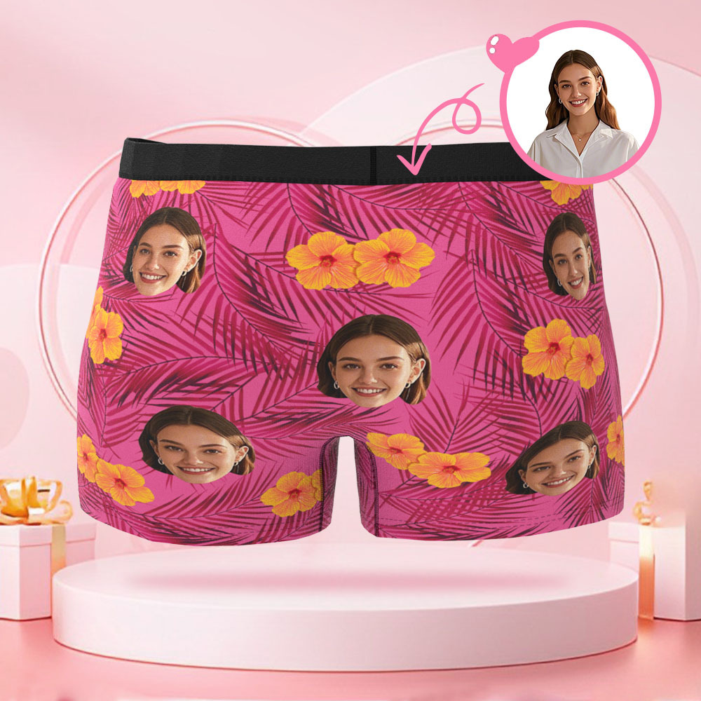 Customized Human Face Men's Boxer Briefs, Surprise Gift for Boyfriend on Valentine's Day with Flowers and Leaves