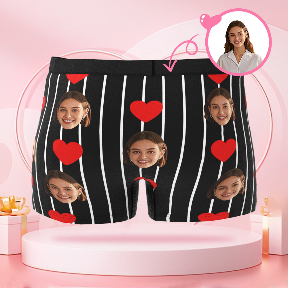 Custom Striped Heart Shaped Men's Boxer Briefs with Customized Face Surprise Gift for Boyfriend on Valentine's Day