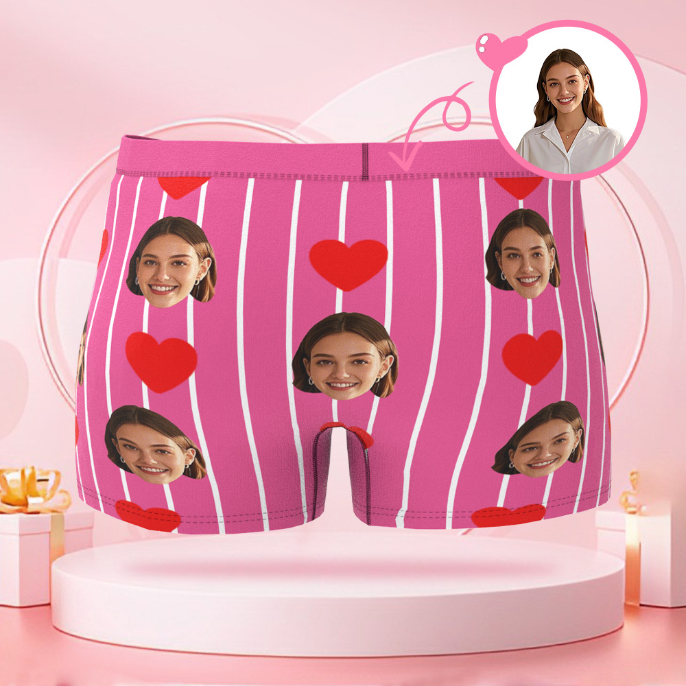 Custom Striped Heart Shaped Men's Boxer Briefs with Customized Face Surprise Gift for Boyfriend on Valentine's Day