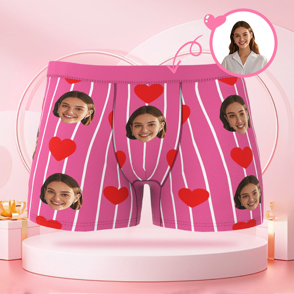 Custom Striped Heart Shaped Men's Boxer Briefs with Customized Face Surprise Gift for Boyfriend on Valentine's Day