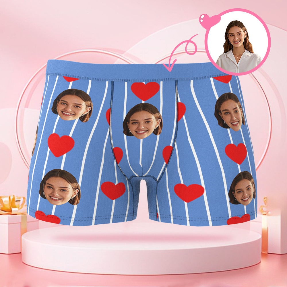 Custom Striped Heart Shaped Men's Boxer Briefs with Customized Face Surprise Gift for Boyfriend on Valentine's Day