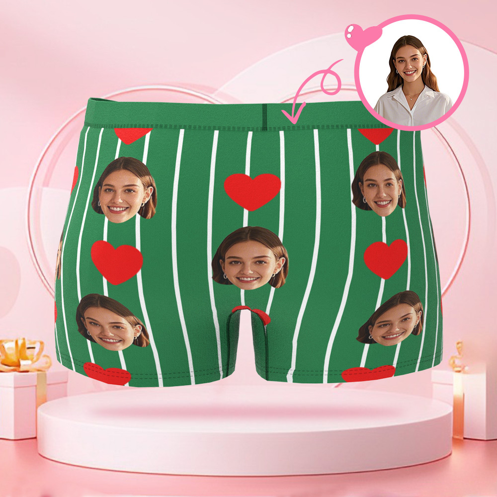 Custom Striped Heart Shaped Men's Boxer Briefs with Customized Face Surprise Gift for Boyfriend on Valentine's Day
