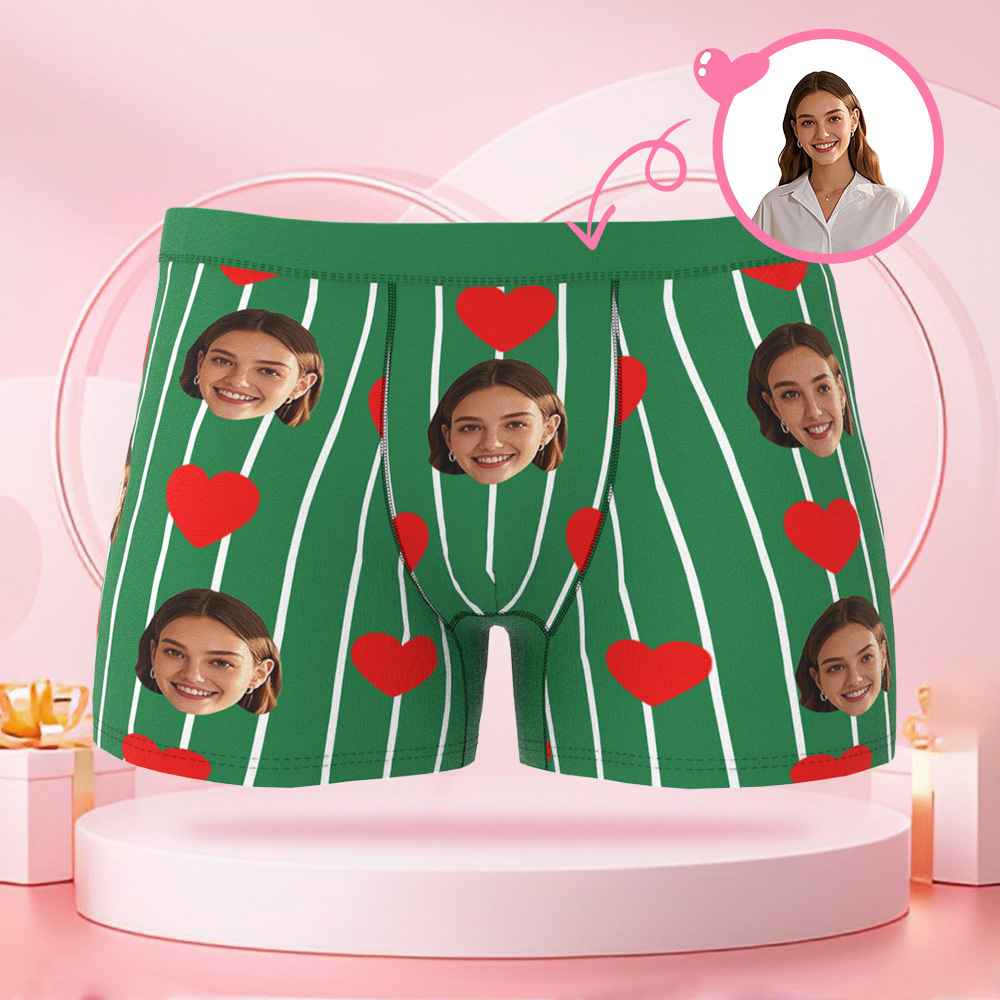 Custom Striped Heart Shaped Men's Boxer Briefs with Customized Face Surprise Gift for Boyfriend on Valentine's Day