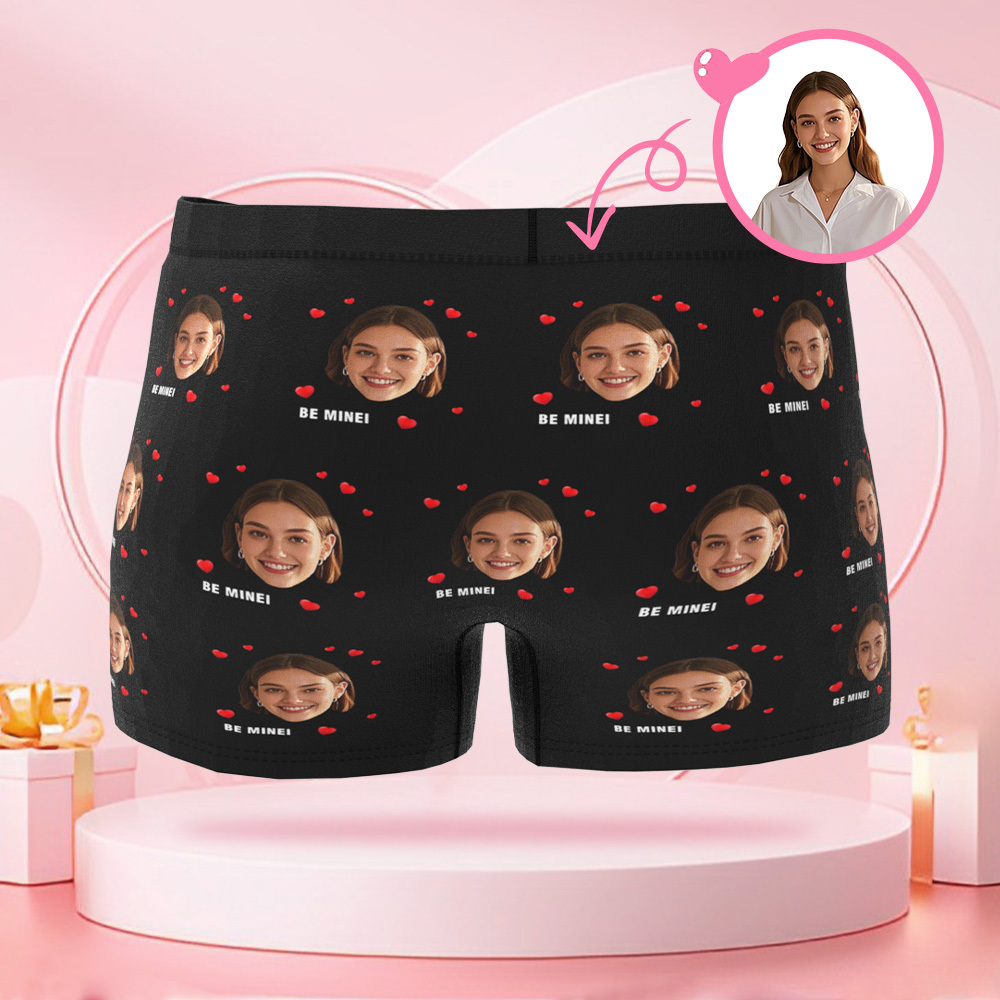 Customized Face Photo Avatar Men's Boxer Briefs with Multiple Heart Patterns, Underwear Gift for Boyfriend on Valentine's Day