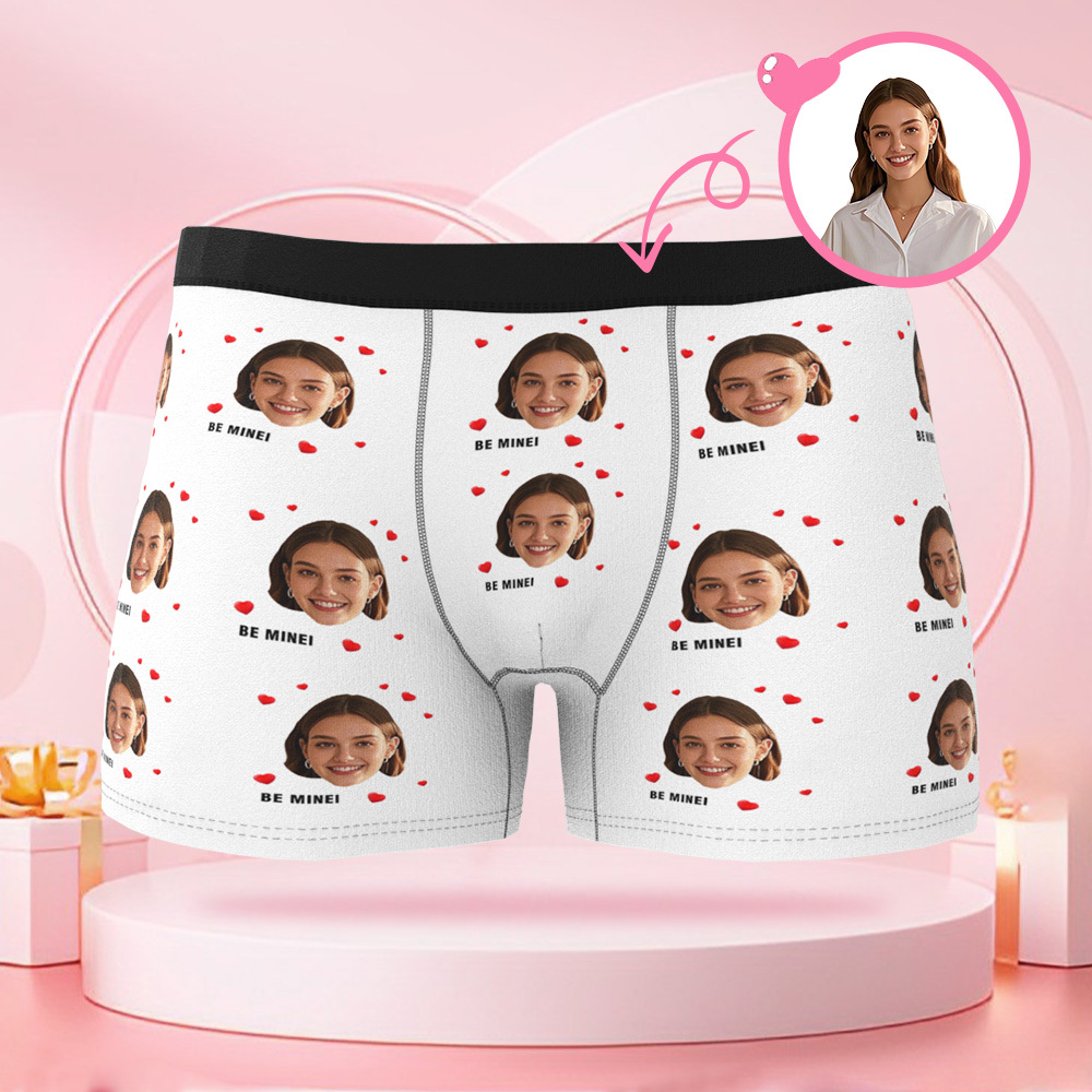 Customized Face Photo Avatar Men's Boxer Briefs with Multiple Heart Patterns, Underwear Gift for Boyfriend on Valentine's Day