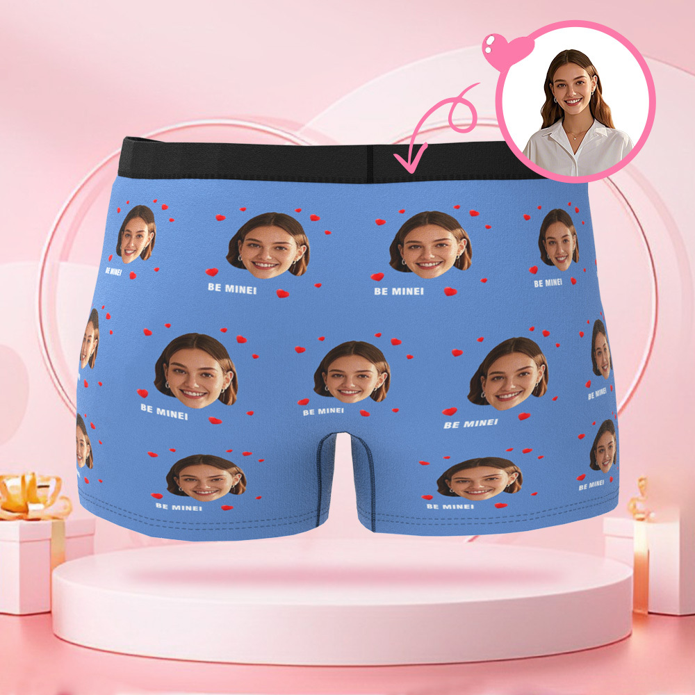 Customized Face Photo Avatar Men's Boxer Briefs with Multiple Heart Patterns, Underwear Gift for Boyfriend on Valentine's Day