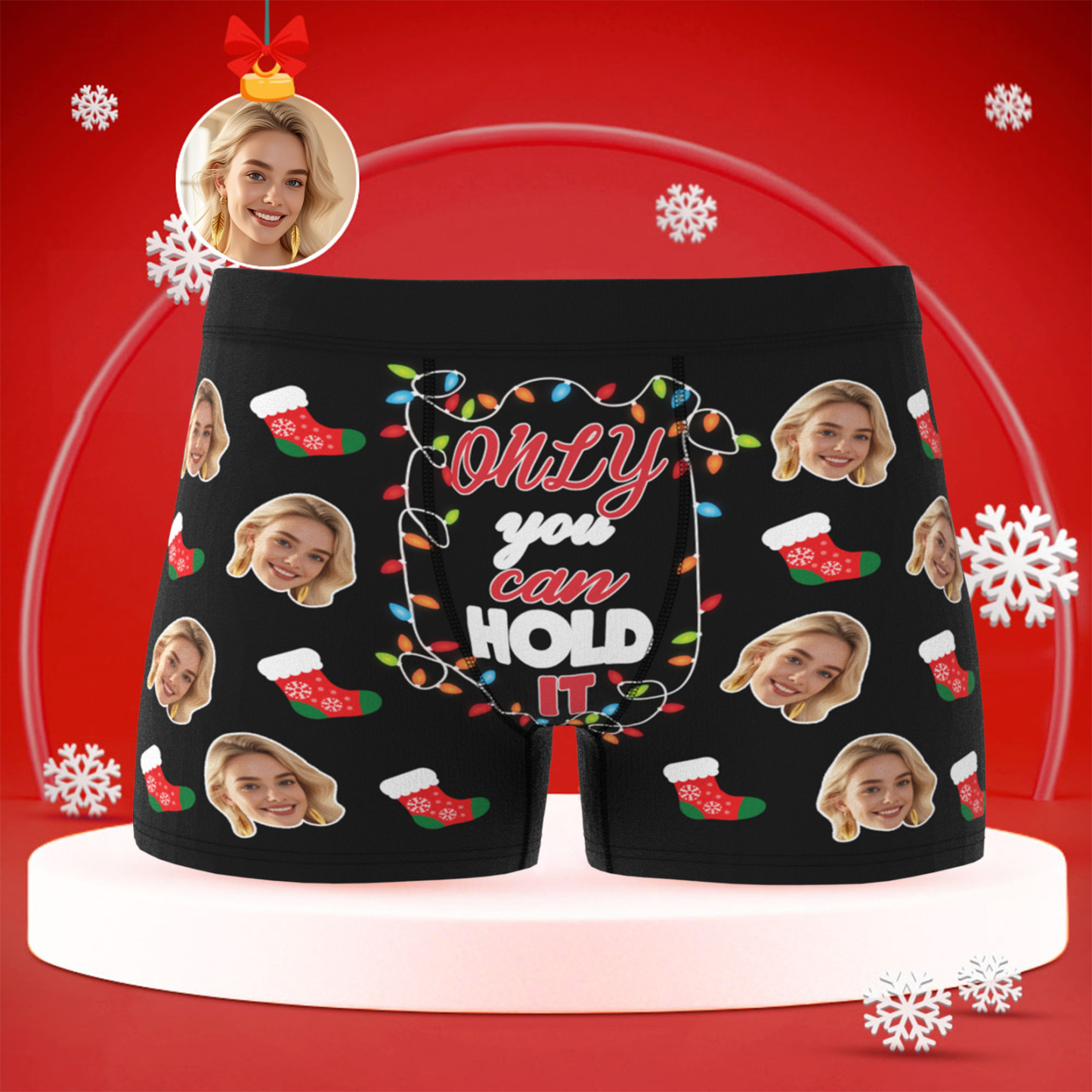 Custom Christmas Face Boxer Briefs, Funny Personalized Gift “Only You Can Hold It”, Best Holiday Gift for Boyfriend, Husband, or Couples