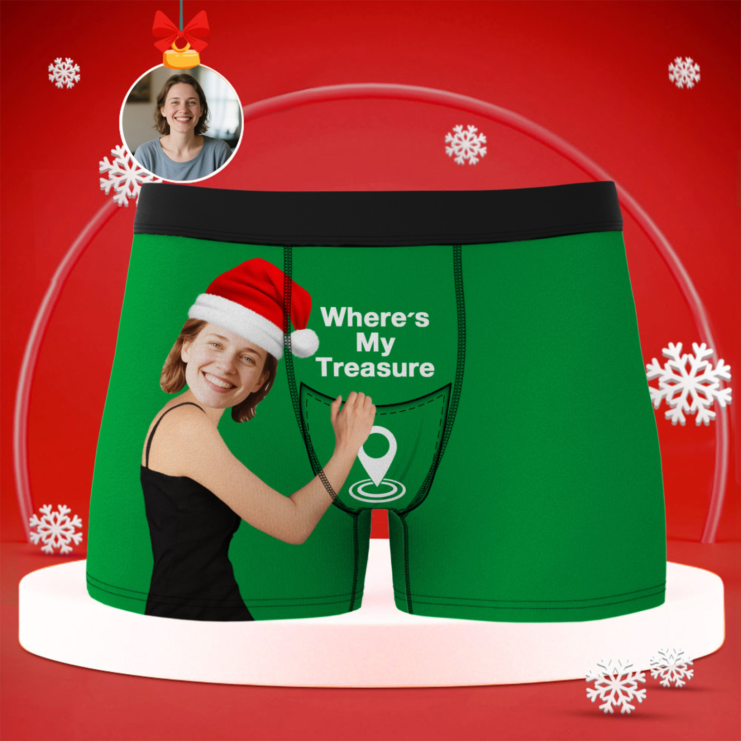 Custom Christmas Face Boxer Briefs, Personalized Photo Underwear, “Where’s My Treasure” Unique Gift, Fun Holiday Gift for Boyfriend, Husband, or Couples