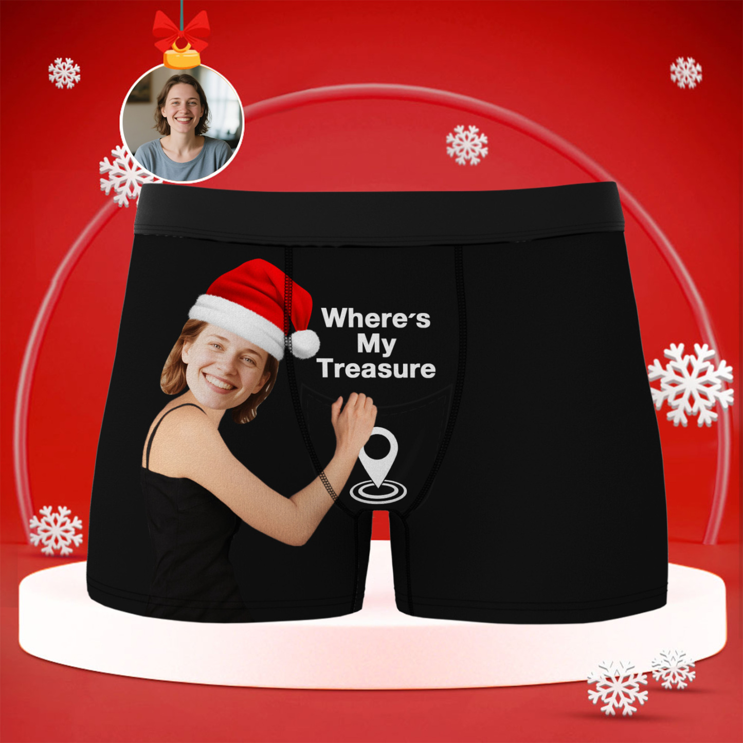 Custom Christmas Face Boxer Briefs, Personalized Photo Underwear, “Where’s My Treasure” Unique Gift, Fun Holiday Gift for Boyfriend, Husband, or Couples