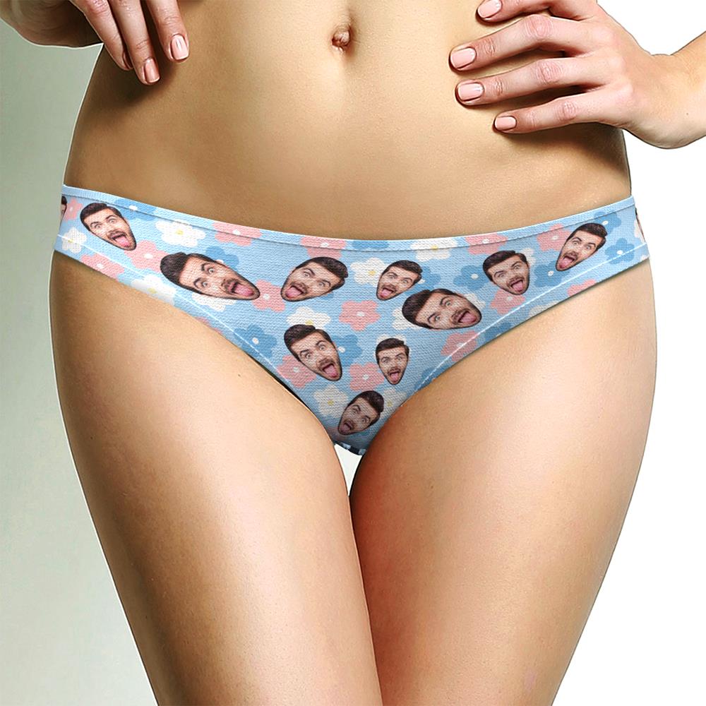 Women's Thong Panties Custom Face Men's Face Blue Flower