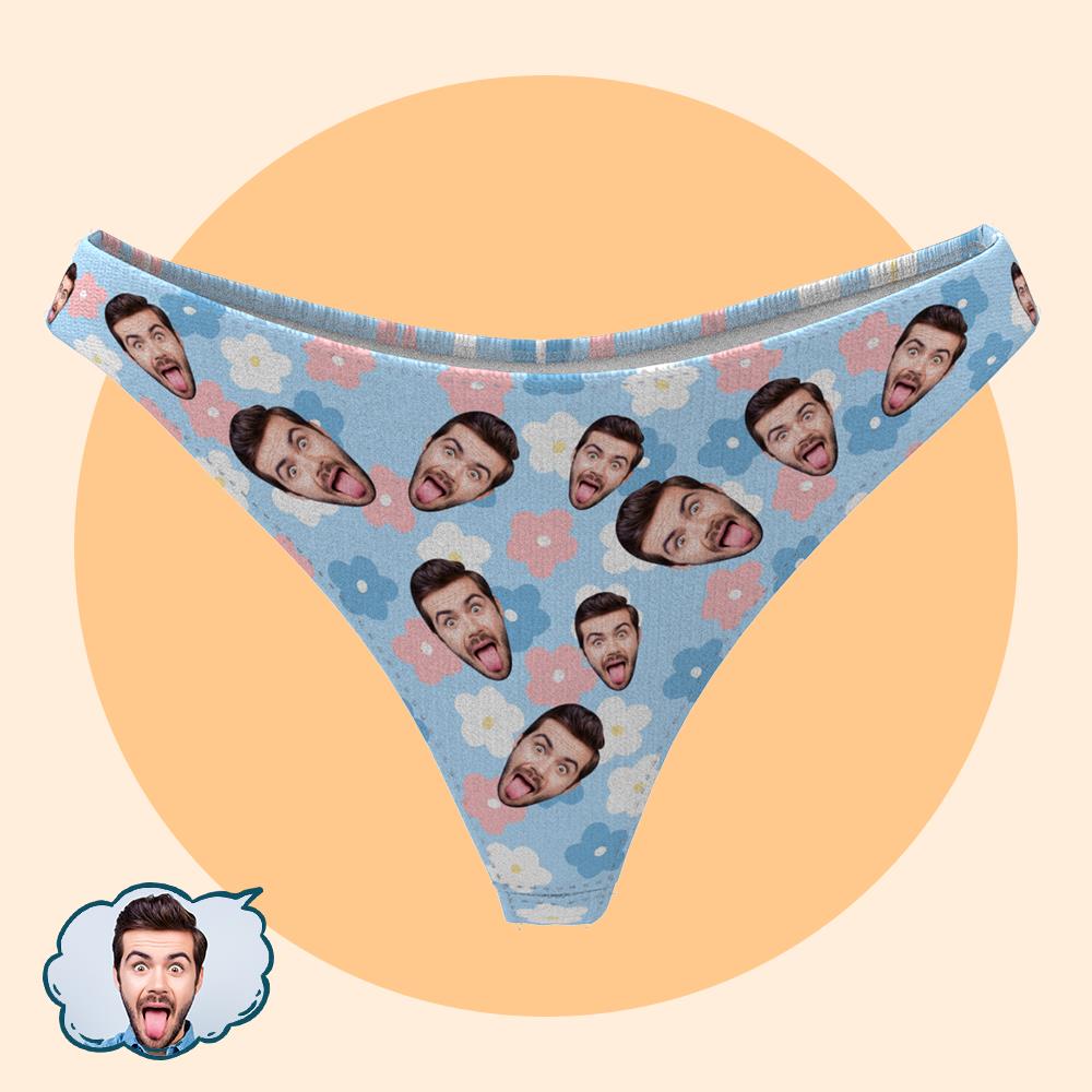 Women's Thong Panties Custom Face Men's Face Blue Flower