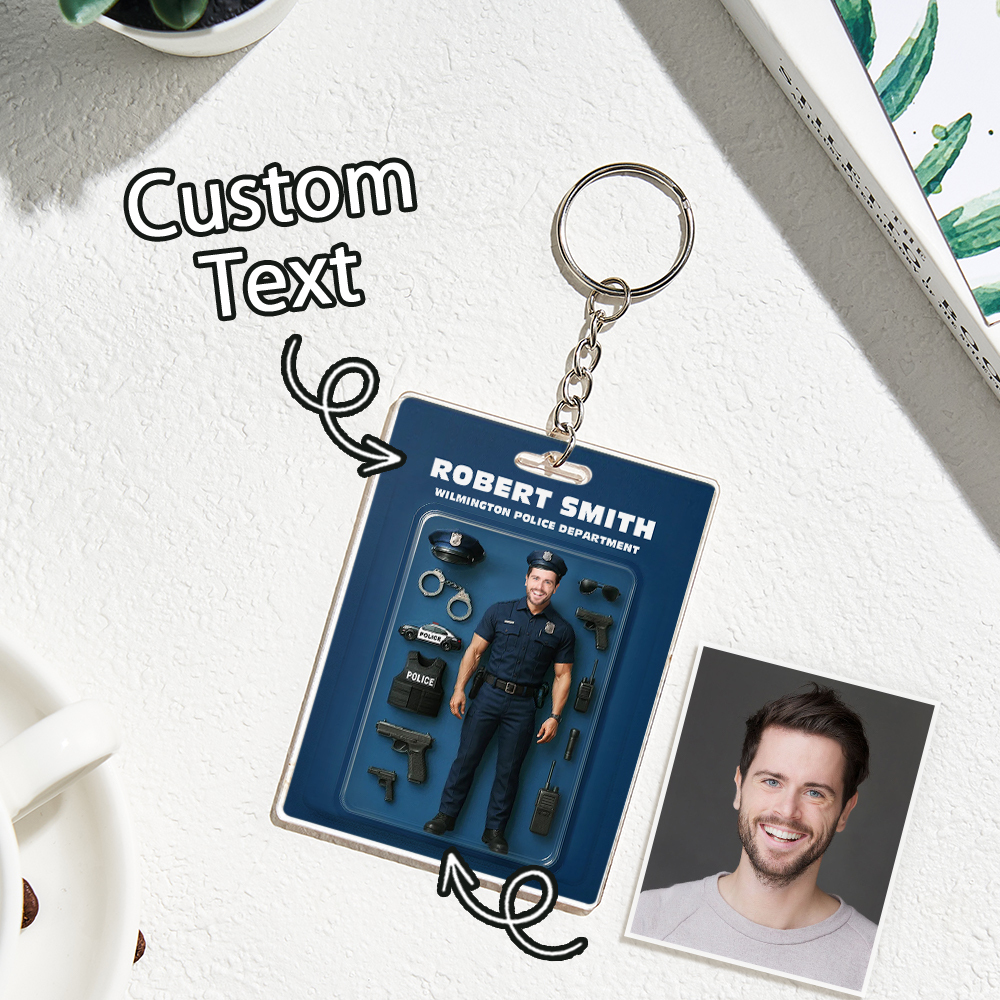 Custom 3D Effect Action Figure Customizable Head Packaging Toy Box Style Art Gift Personalized Acrylic Keychain Gift for Police Officers - MyPhotoBoxerUk