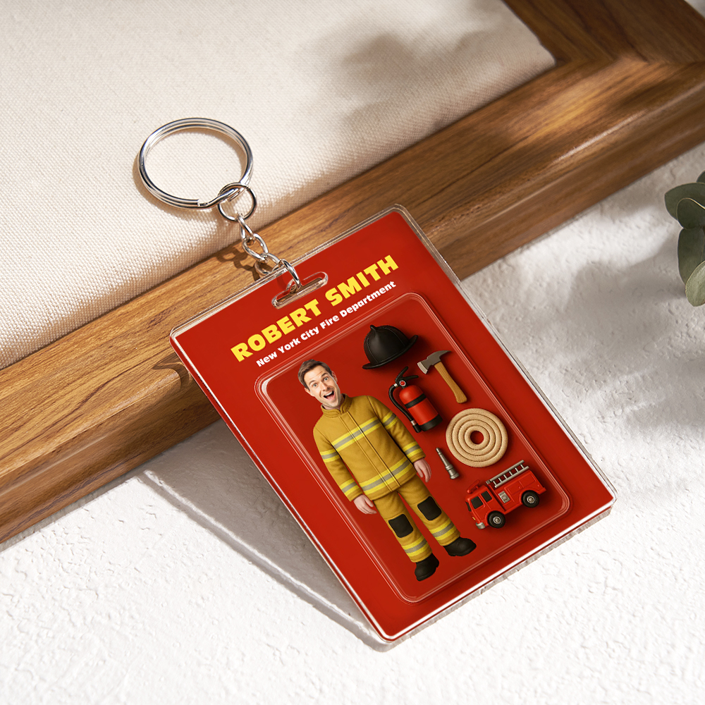 Custom 3D Effect Action Figure Customizable Head Packaging Toy Box Style Art Gift Personalized Acrylic Keychain Gift for Firefighter - MyPhotoBoxerUk
