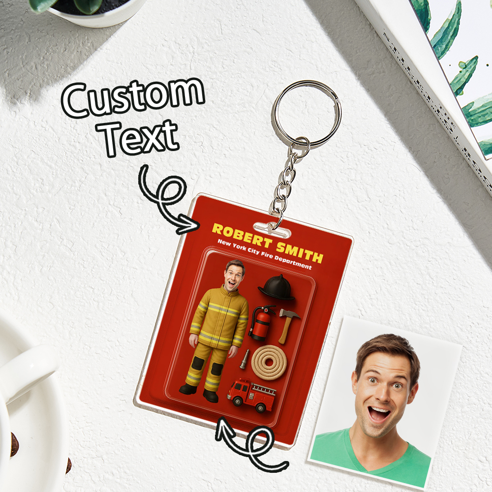 Custom 3D Effect Action Figure Customizable Head Packaging Toy Box Style Art Gift Personalized Acrylic Keychain Gift for Firefighter - MyPhotoBoxerUk