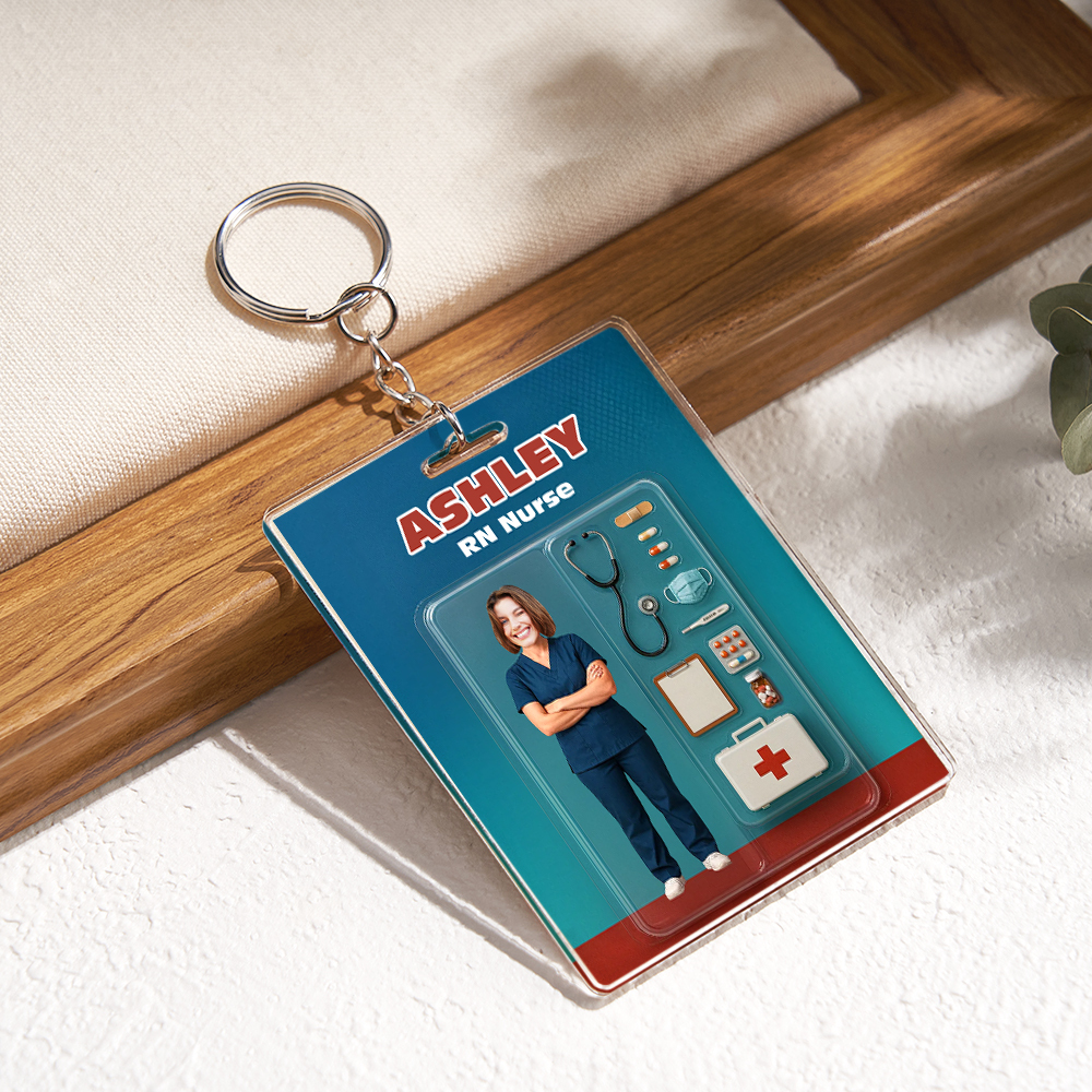 Custom 3D Effect Action Figure Customizable Head Packaging Toy Box Style Art Gift Personalized Acrylic Keychain Nurses Day Gift for Nurse - MyPhotoBoxerUk