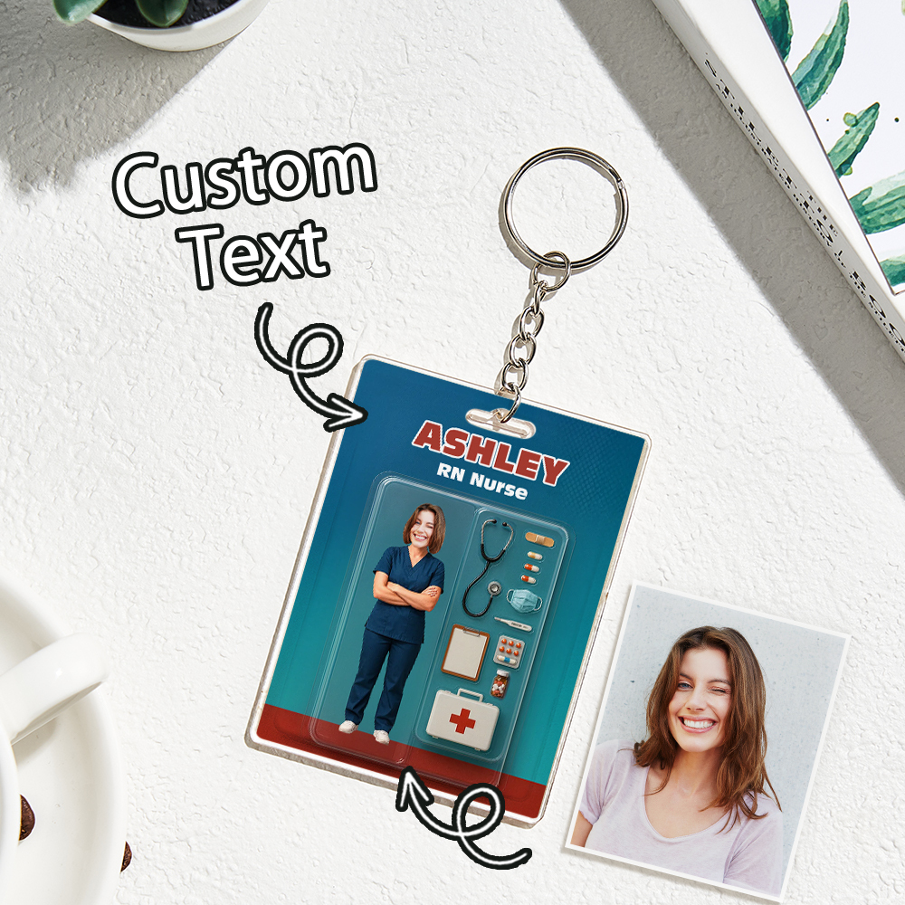 Custom 3D Effect Action Figure Customizable Head Packaging Toy Box Style Art Gift Personalized Acrylic Keychain Nurses Day Gift for Nurse - MyPhotoBoxerUk