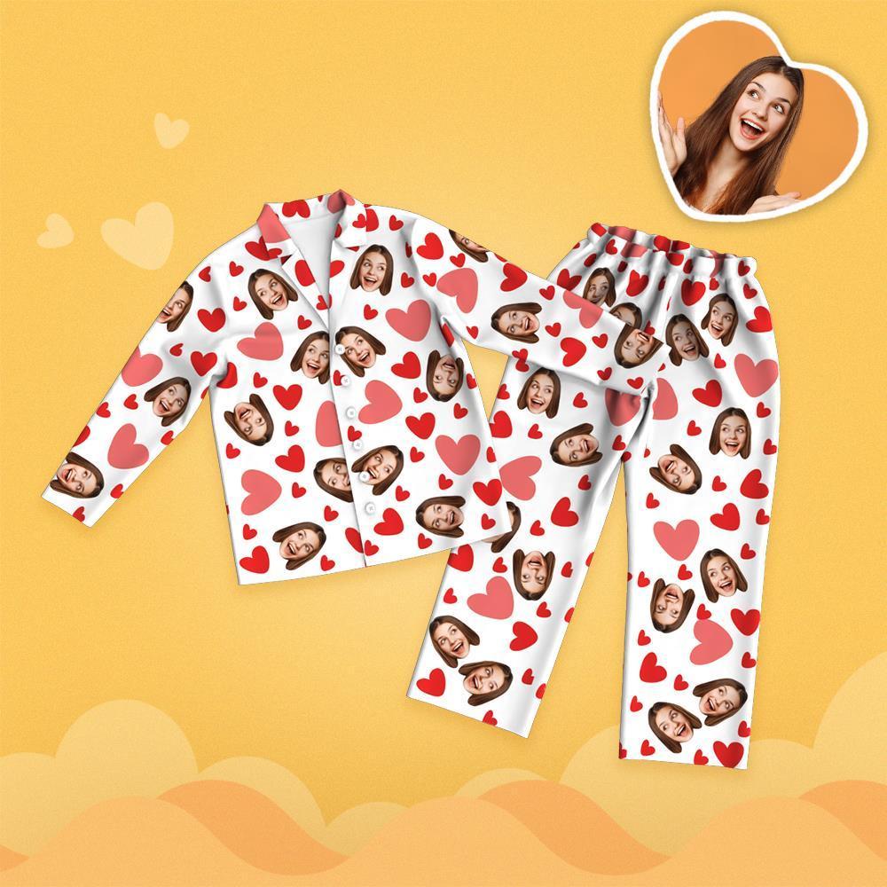 Mother's Day Custom Face Red Heart Printed Long Sleeve Pajamas