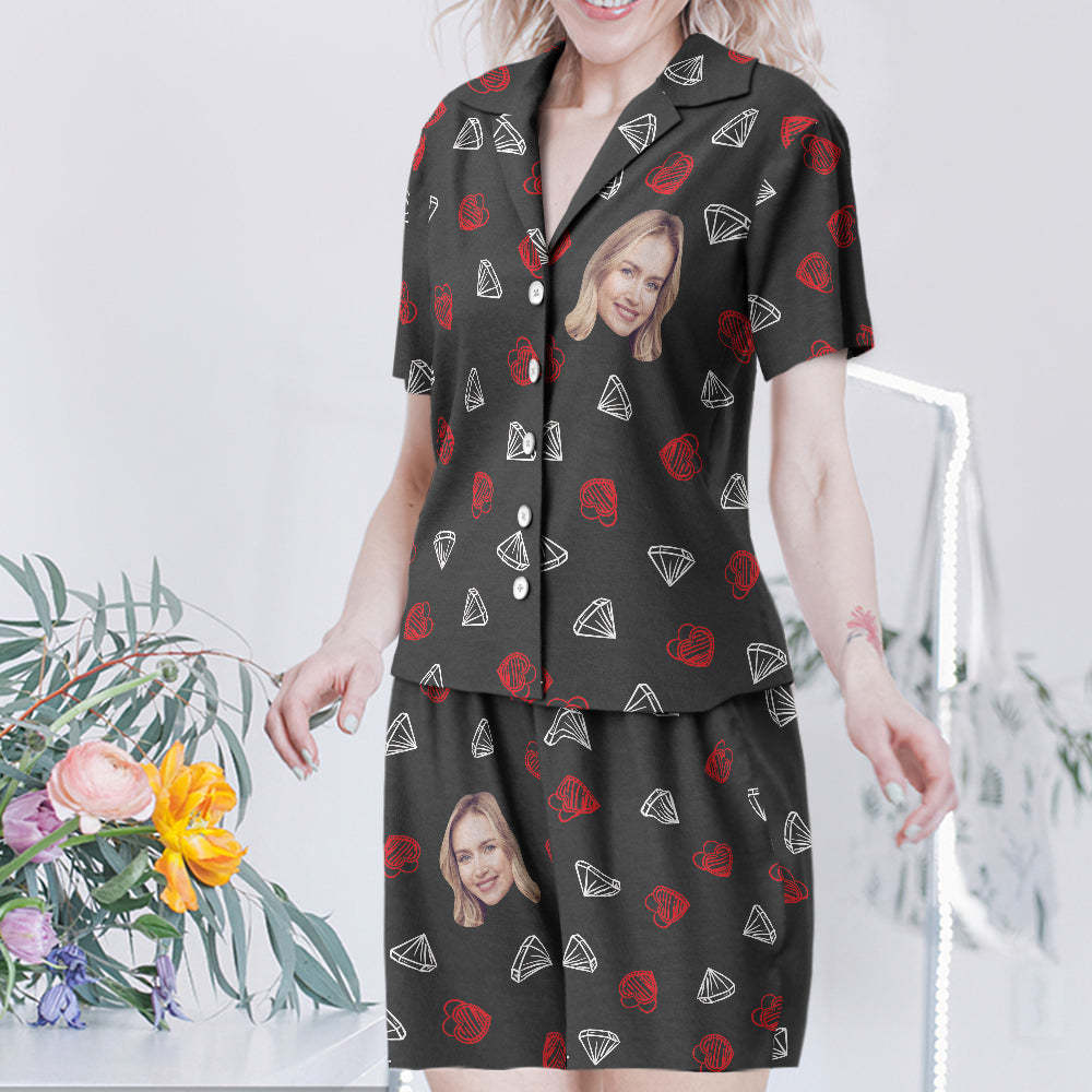 Custom Face Short Sleeved Pajamas Personalised Women's Sleepwear Diamond Gifts For Her