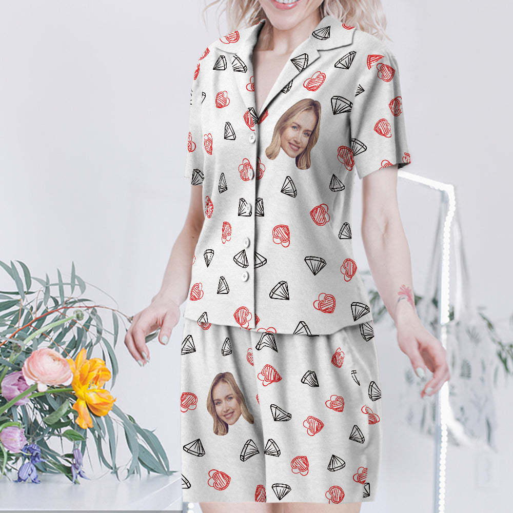 Custom Face Short Sleeved Pajamas Personalised Women's Sleepwear Diamond Gifts For Her