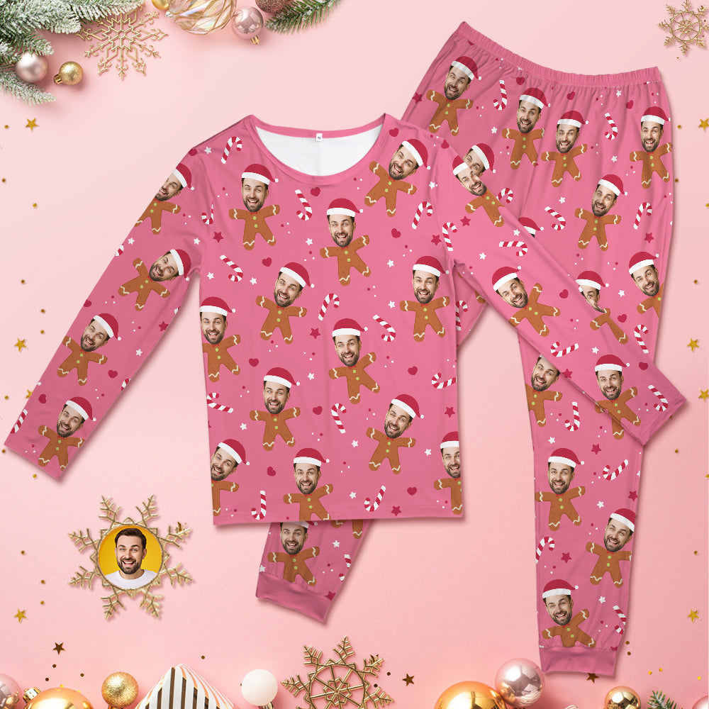 Custom Face Pink Pajamas Personalised Round Neck Gingerbread Christmas Pajamas For Women And Men