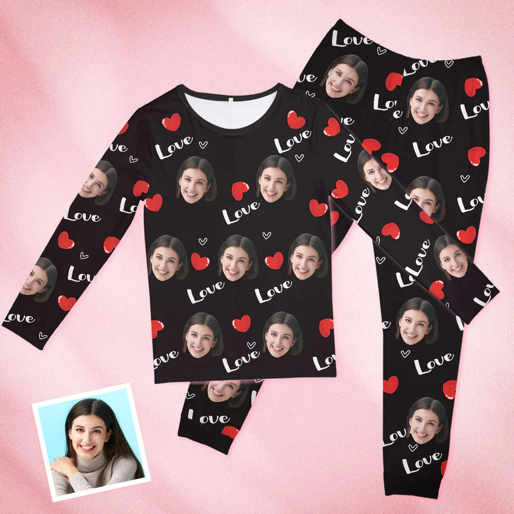 Custom Face Black Pajamas Personalised Round Neck Love Heart Pajamas For Women Valentine's Day Gift