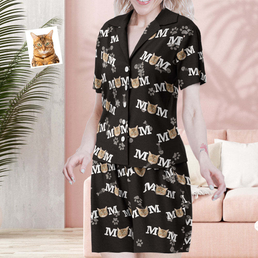 Custom Face Short Sleeved Pajamas Personalised Photo Sleepwear Women Summer Black Pajamas Cat Mom