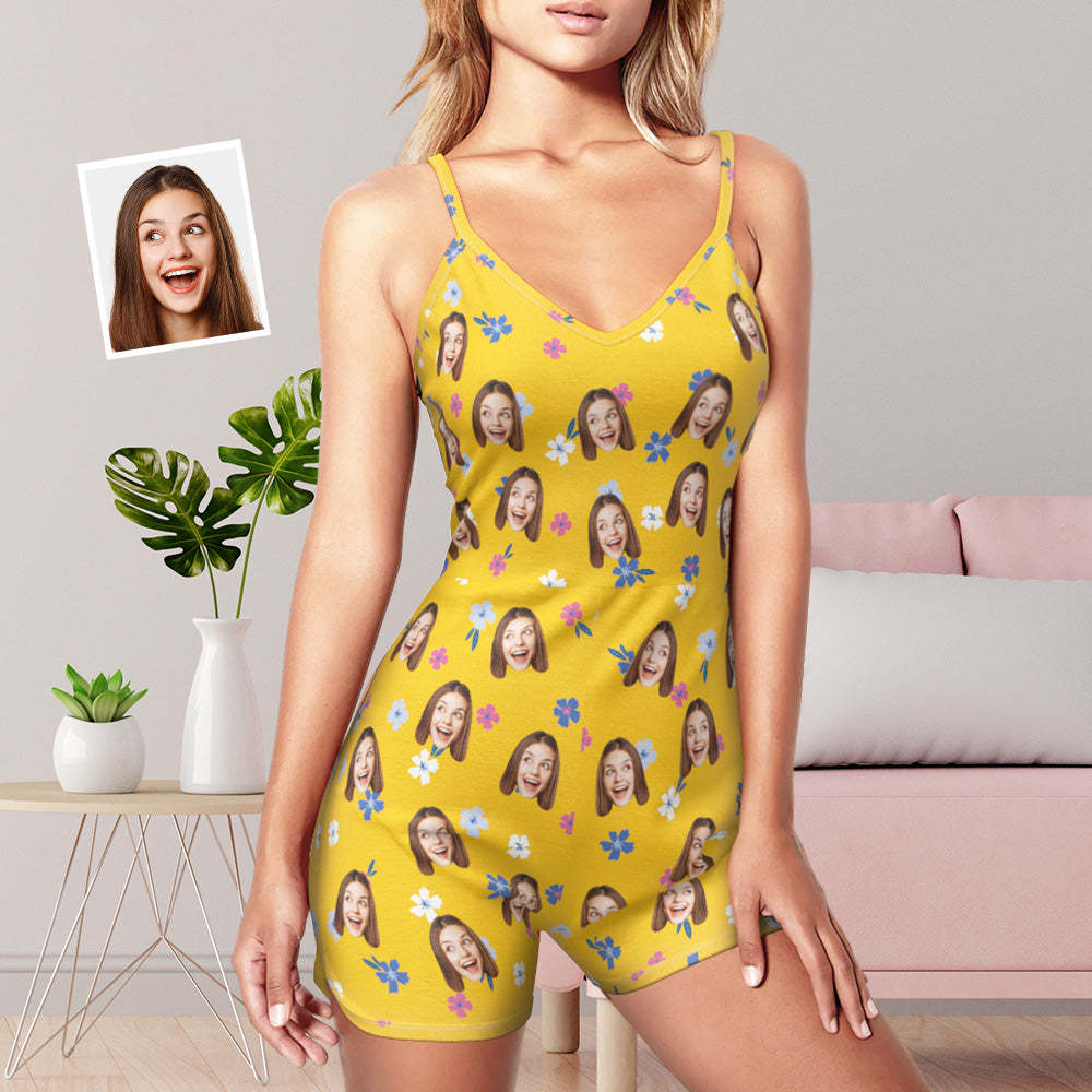 Custom Face Sling Jumpsuit Shorts Personalised Photo Sleeveless Pajama For Women