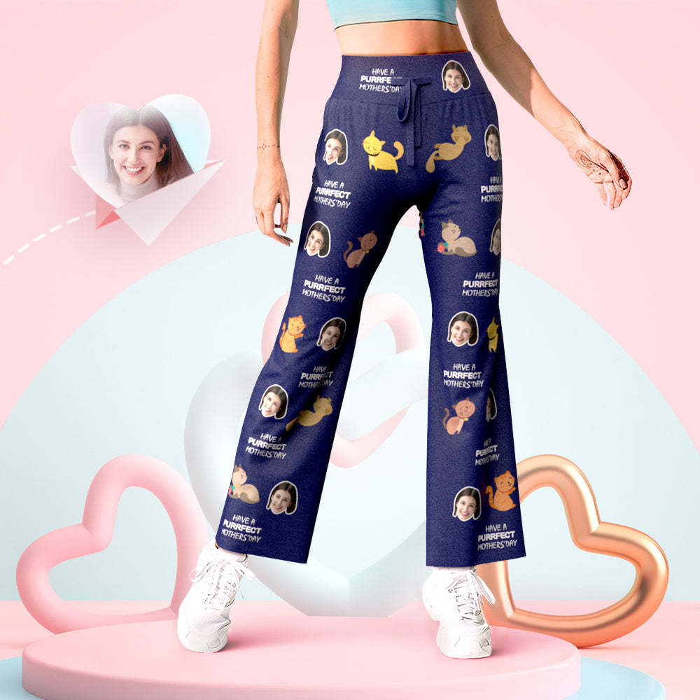 Custom Face Pants Dark Blue Have a Purrfect Mother's Day Cat Yoga Slacks Gift For Her