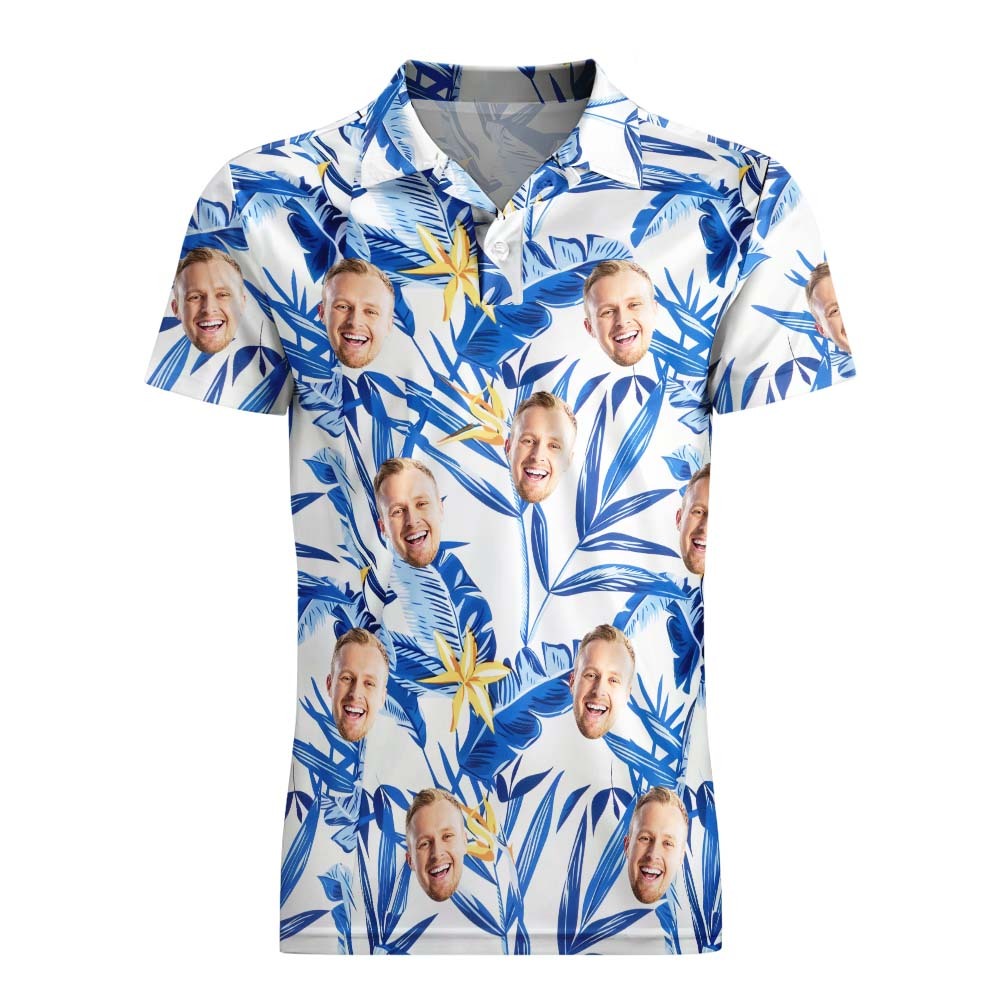 Custom Men's Face Polo Shirt Aloha Golf Polo Shirt Blue Leaves Gift For Him - MyPhotoBoxerUk