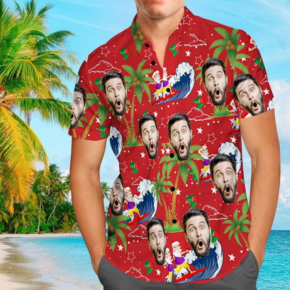 Custom Face Shirt Personalized Photo Men's Hawaiian Shirt Christmas Gift - Surfing Santa