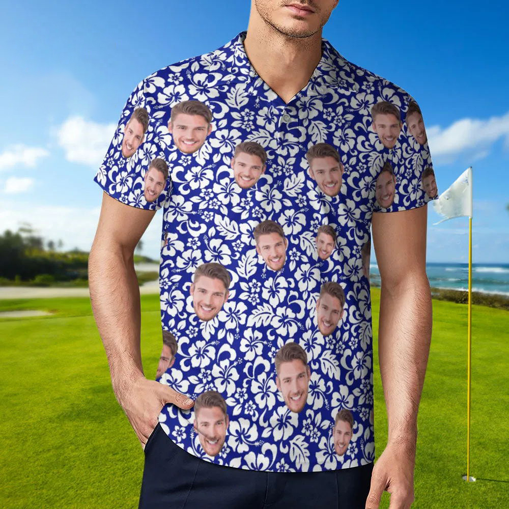 Custom Face Polo Shirt For Men Personalised Blue Hawaiian Golf Shirts