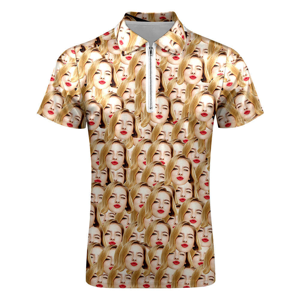 Custom Men's Polo Shirt Personalised Face Funny Polo Shirt with Zipper - MyPhotoBoxerUk