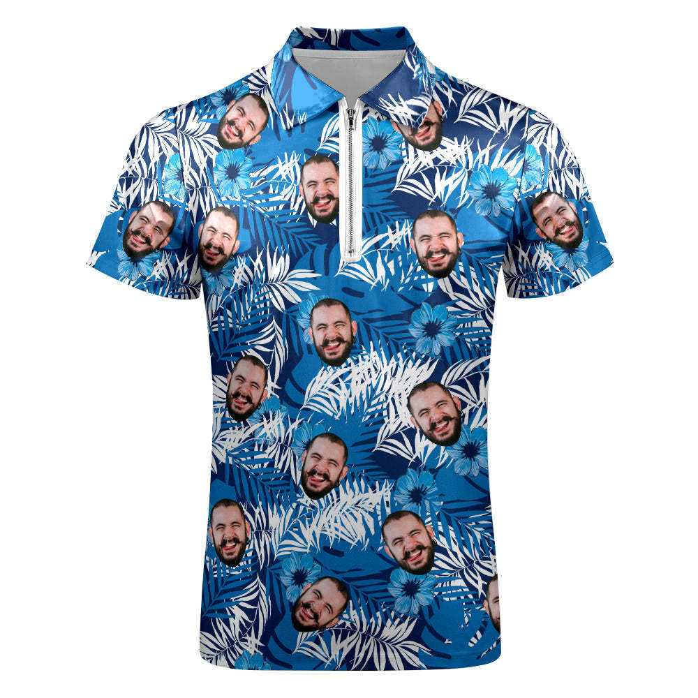 Custom Face Polo Shirt with Zipper Personalised Hawaiian Style Polo Shirt for Men - MyPhotoBoxerUk