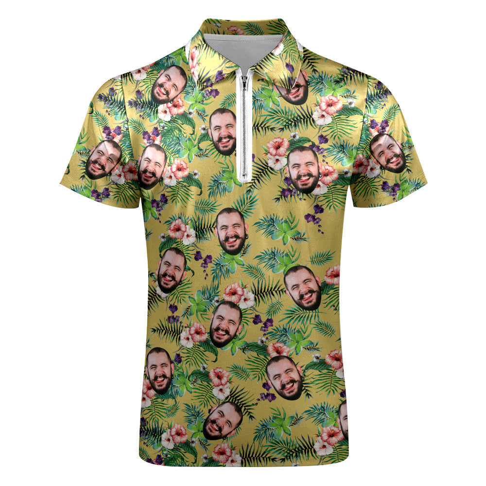 Custom Funny Polo Shirt with Zipper Personalised Face Hawaiian Style Polo Shirt for Men - MyPhotoBoxerUk