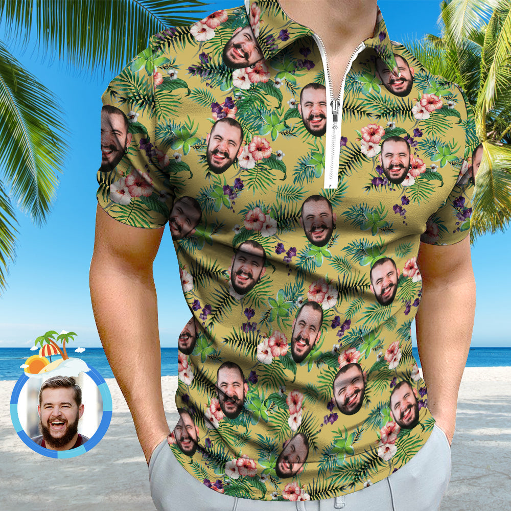 Custom Funny Polo Shirt with Zipper Personalised Face Hawaiian Style Polo Shirt for Men - MyPhotoBoxerUk