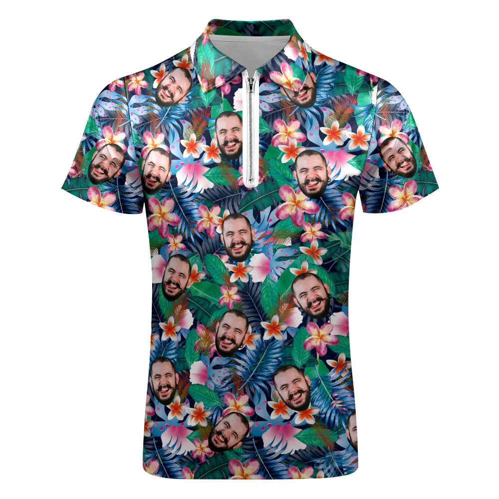 Custom Hawaiian Style Polo Shirt with Zipper Personalised Face Men's Polo Shirt for Him - MyPhotoBoxerUk