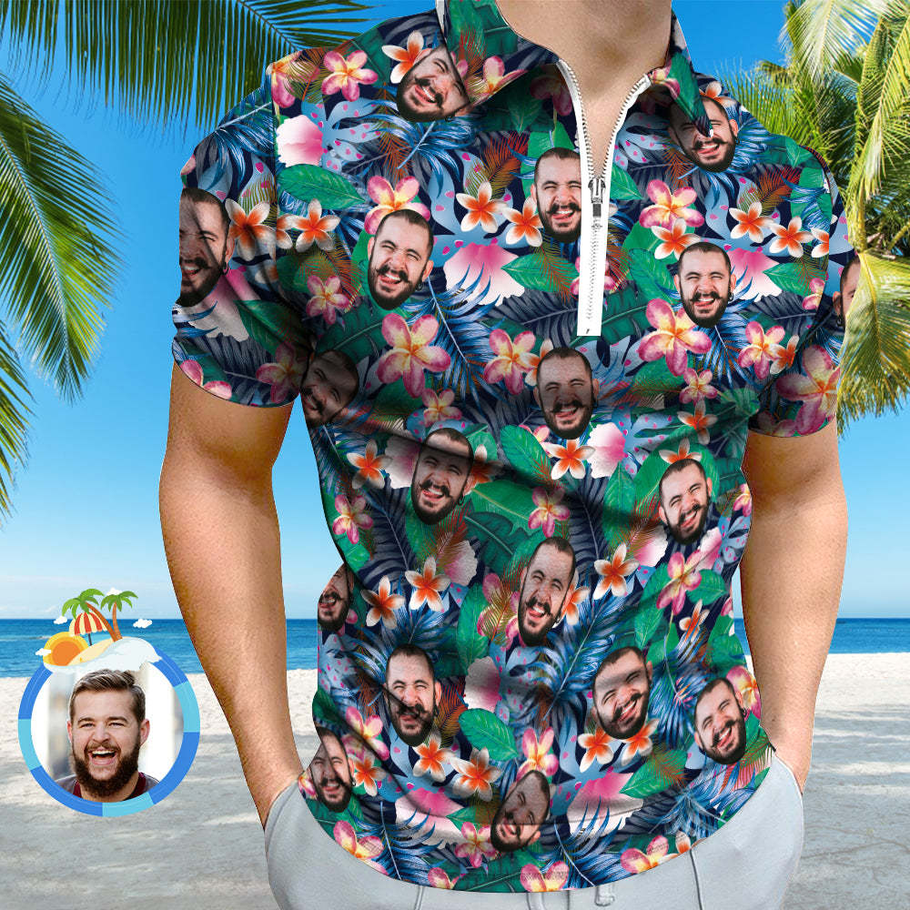 Custom Hawaiian Style Polo Shirt with Zipper Personalised Face Men's Polo Shirt for Him - MyPhotoBoxerUk
