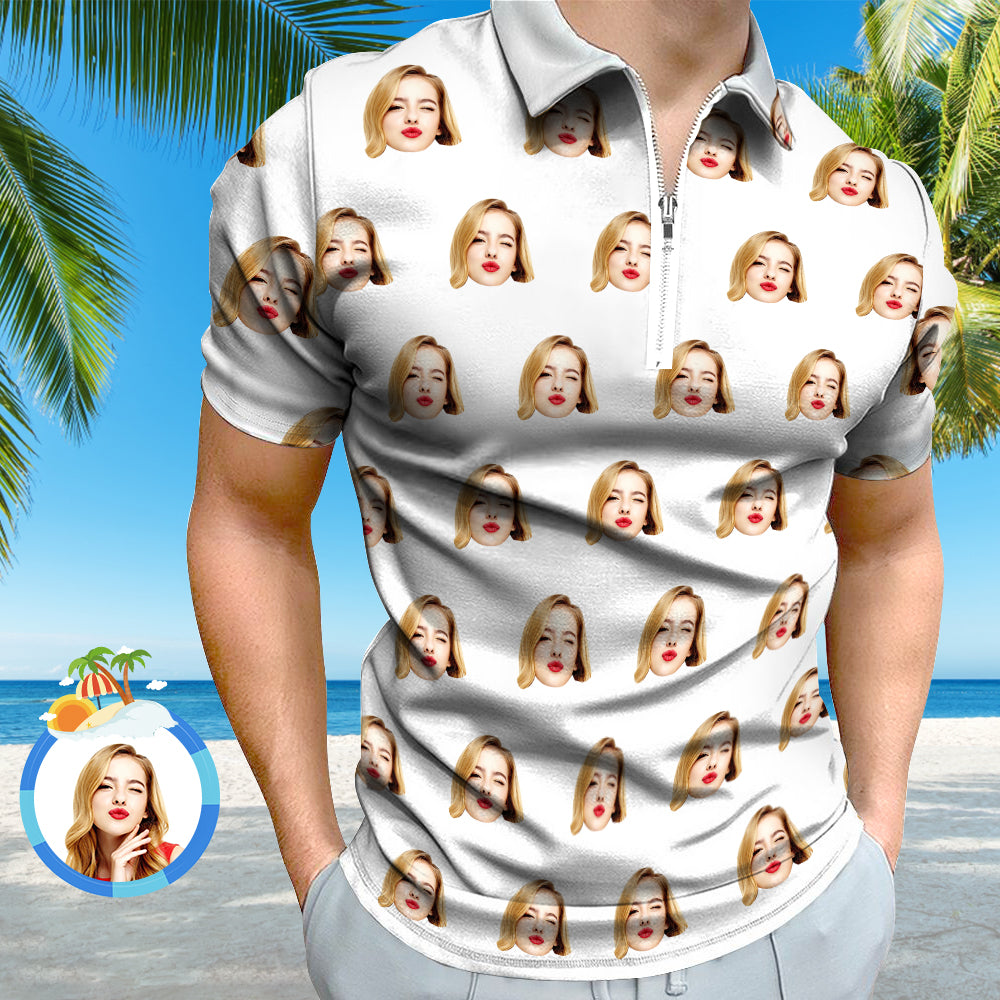 Custom Face Polo Shirt with Zipper Men's Polo Shirt for Him - MyPhotoBoxerUk