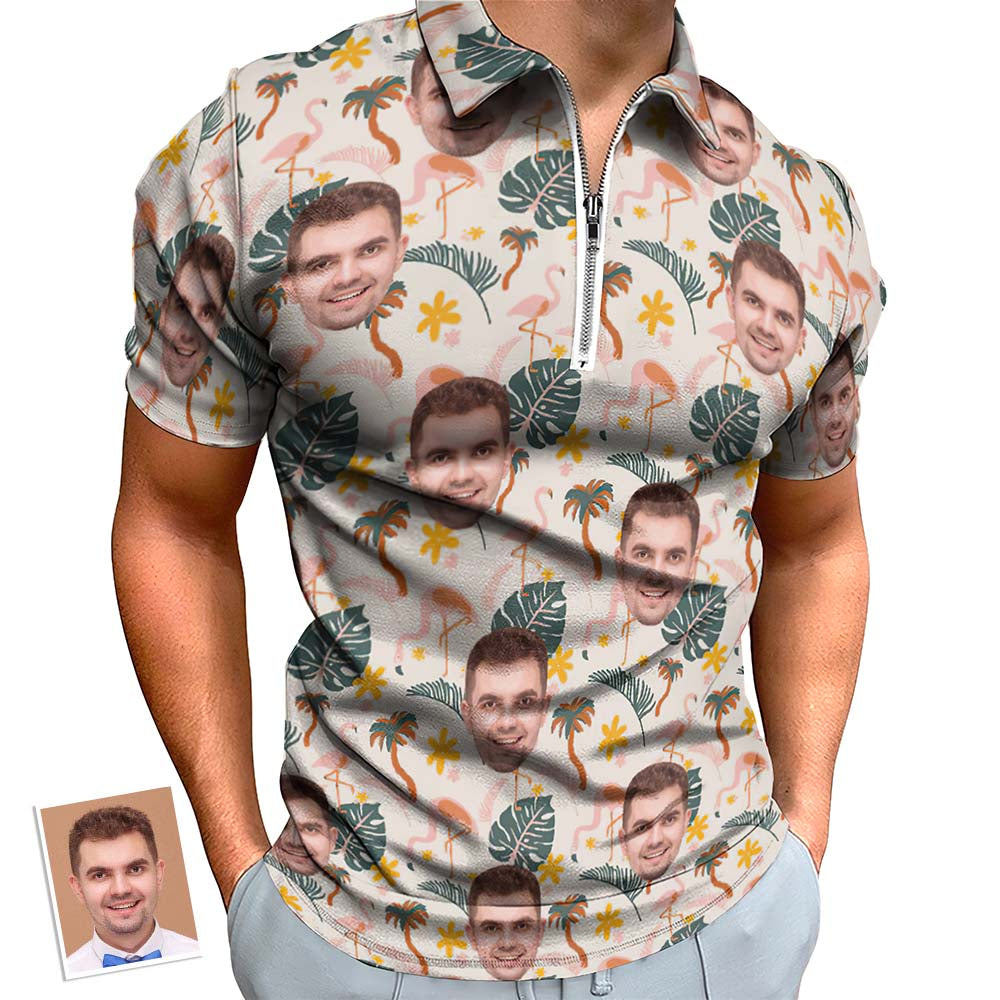 Custom Flamingo Wild Floral Men's Polo Shirt Personalised Face Funny Polo Shirt with Zipper - MyPhotoBoxerUk