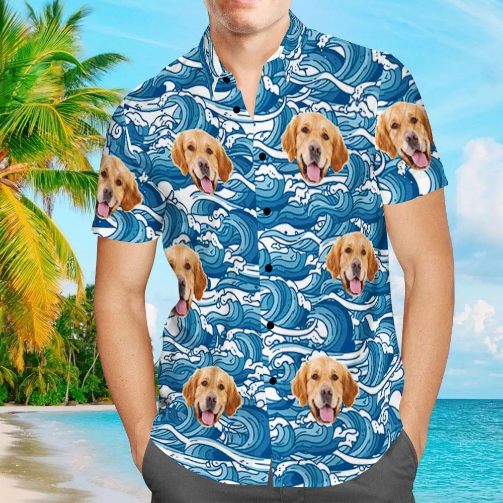 Custom Hawaiian Shirts Dog Face Waves Design Aloha Beach Shirt For Men