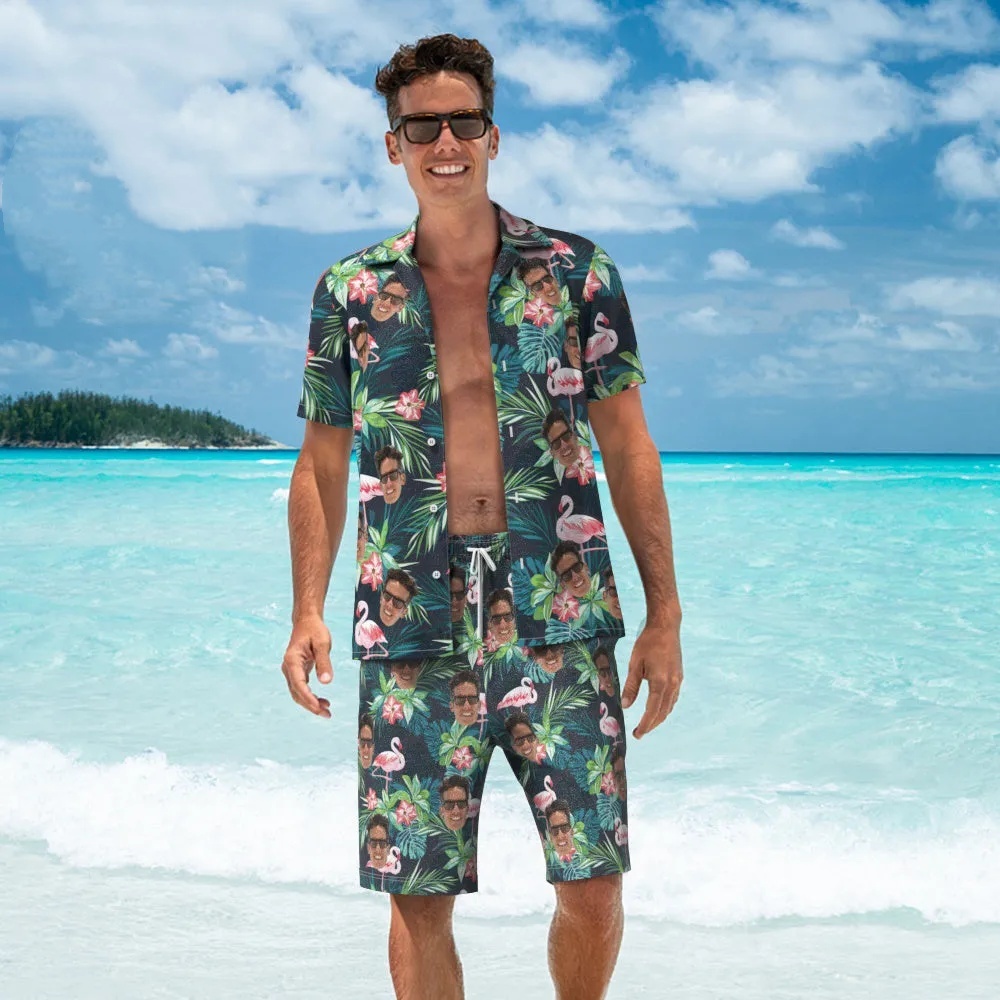 Custom Face Hawaiian Shirt And Beach Shorts Personalised Men's Photo Flamingo Flower Vacation Party Gift