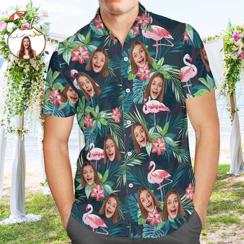 Custom Hawaiian Shirt with Face Custom Face Shirt Leaves & Flamingo Hawaiian Shirts Wedding Gift