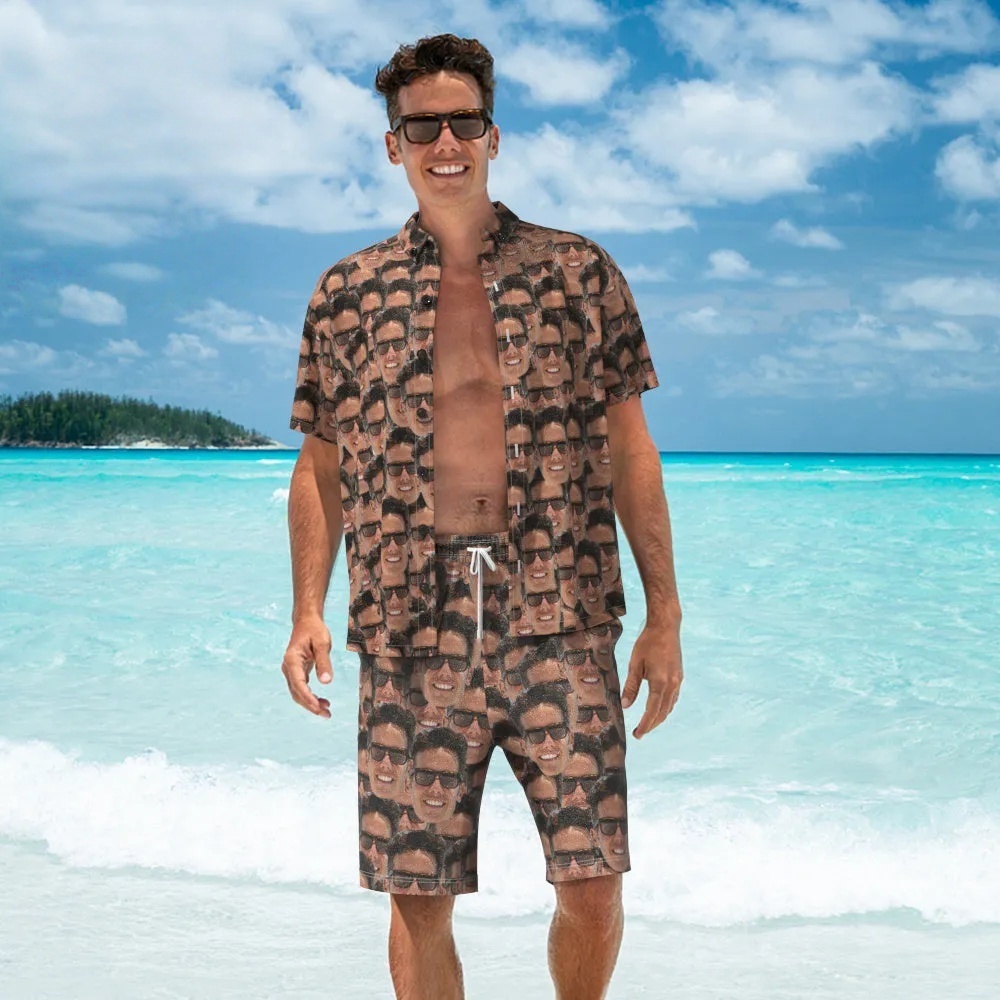 Custom Face Hawaiian Shirt And Beach Shorts Personalised Men's Photo Face Mash Vacation Party Gift