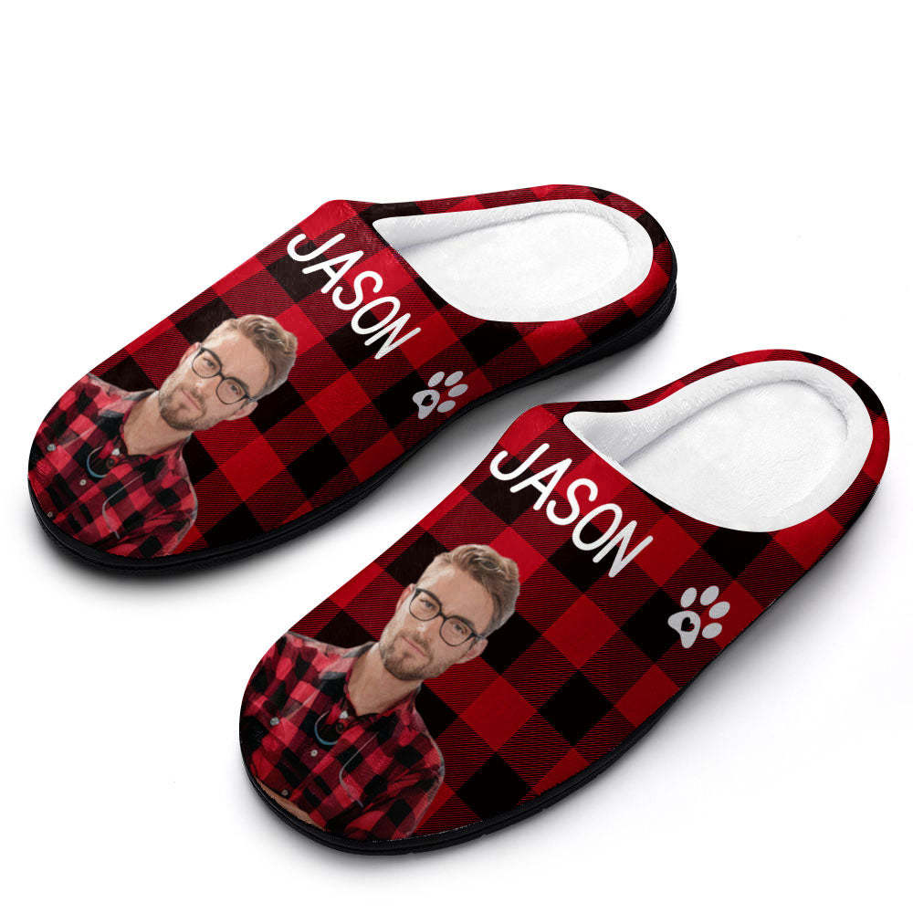 Custom Photo and Name Women Men Slippers With Footprint Personalised Red Casual House Cotton Slippers Christmas Gift For Pet Lover - MyPhotoBoxerUk