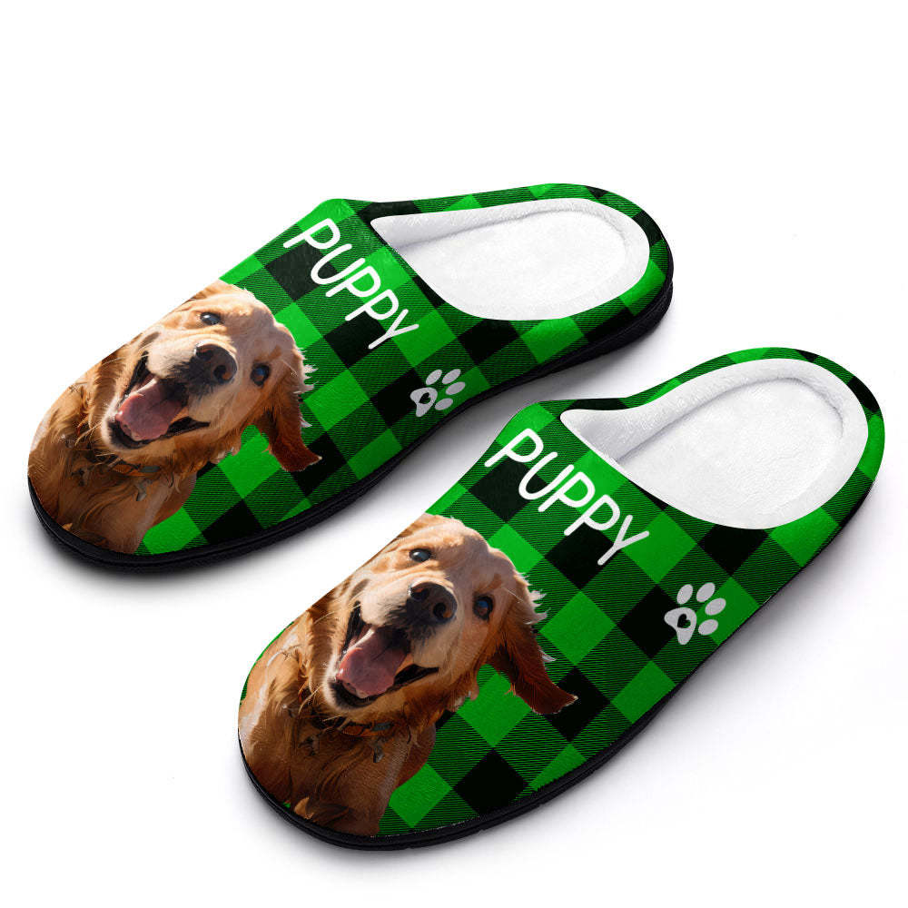 Custom Photo and Name Women Men Slippers With Footprint Personalised Green Casual House Cotton Slippers Christmas Gift For Pet Lover - MyPhotoBoxerUk