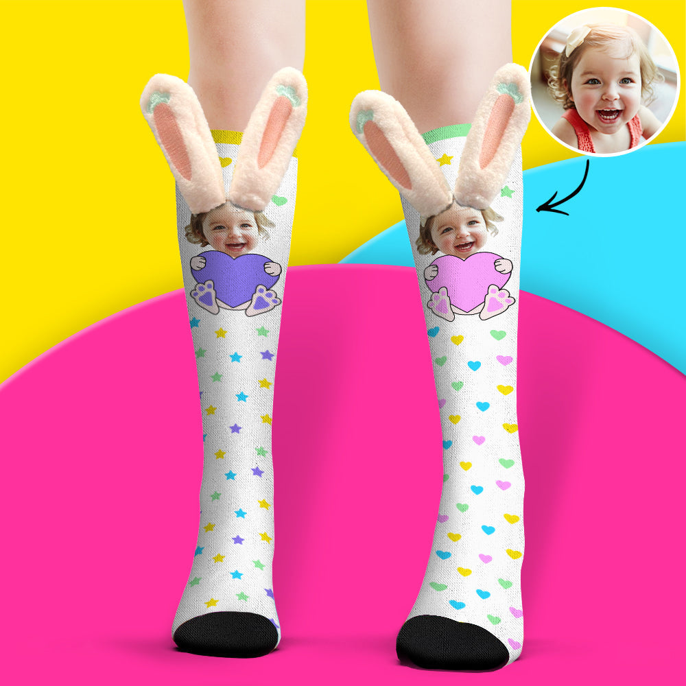 Custom Socks Knee High Face Socks 3D Plush Bunny Ears Socks - MyPhotoBoxerUk