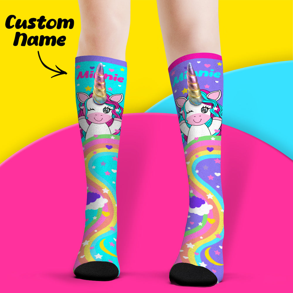 Custom Name Socks Knee High Socks 3D Unicorn Horn Cartoon Socks - MyPhotoBoxerUk