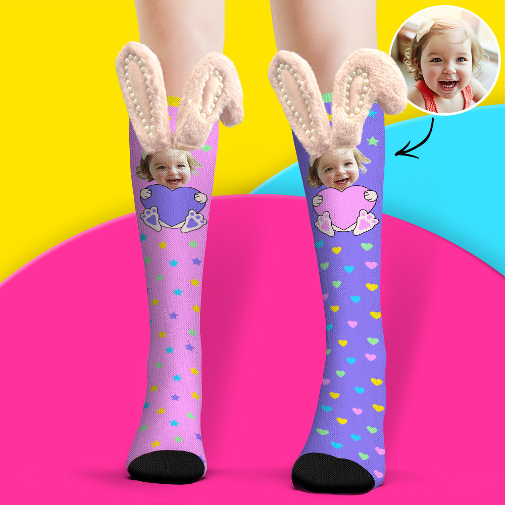 Custom Socks Knee High Face Socks 3D Bunny Ears with Pearls Socks - MyPhotoBoxerUk