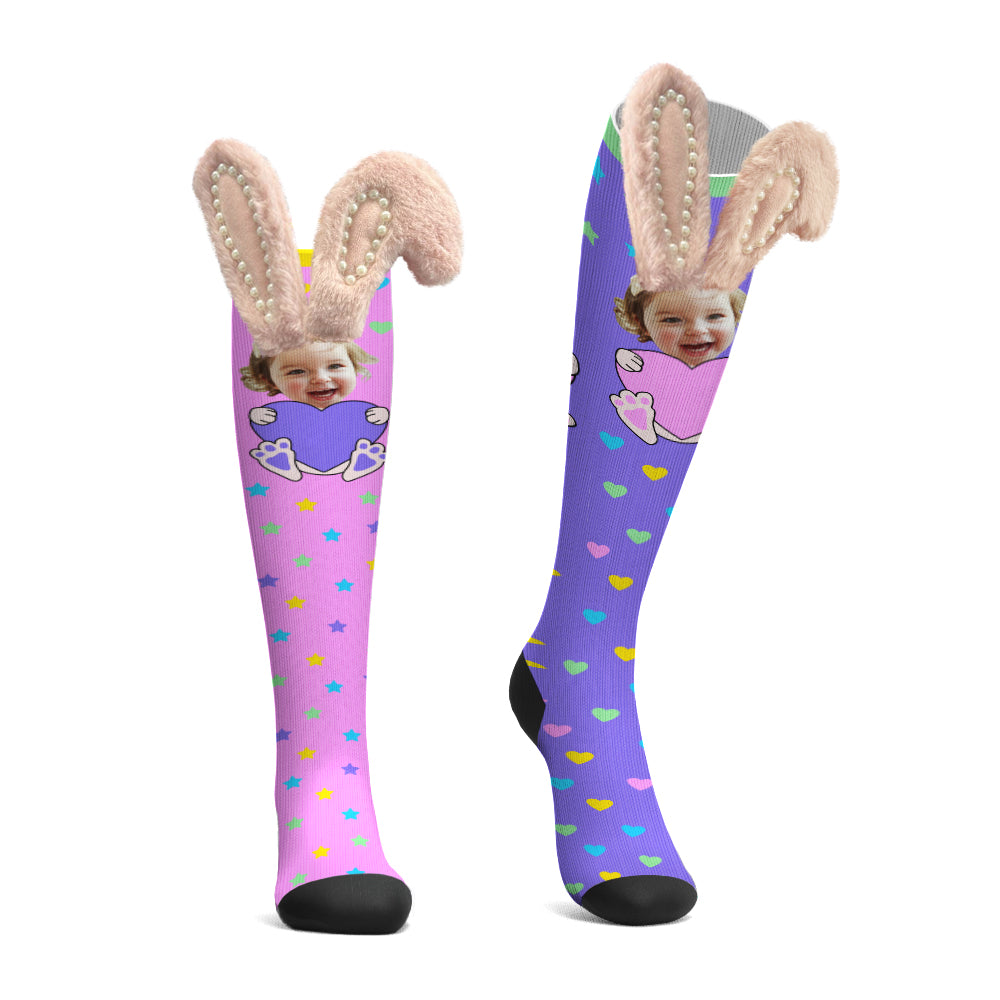 Custom Socks Knee High Face Socks 3D Bunny Ears with Pearls Socks - MyPhotoBoxerUk