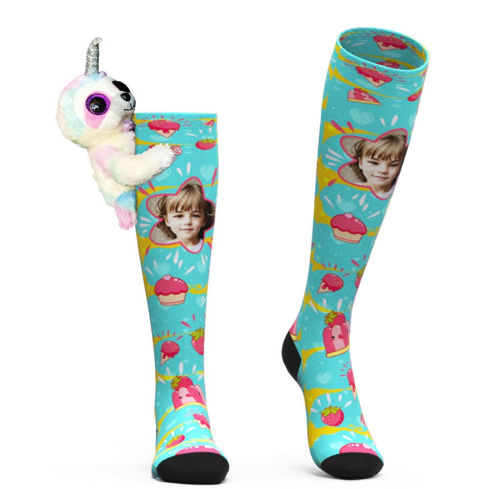 Custom Socks Knee High Face Socks Sloth Doll Pink Dessert Socks - MyPhotoBoxerUk